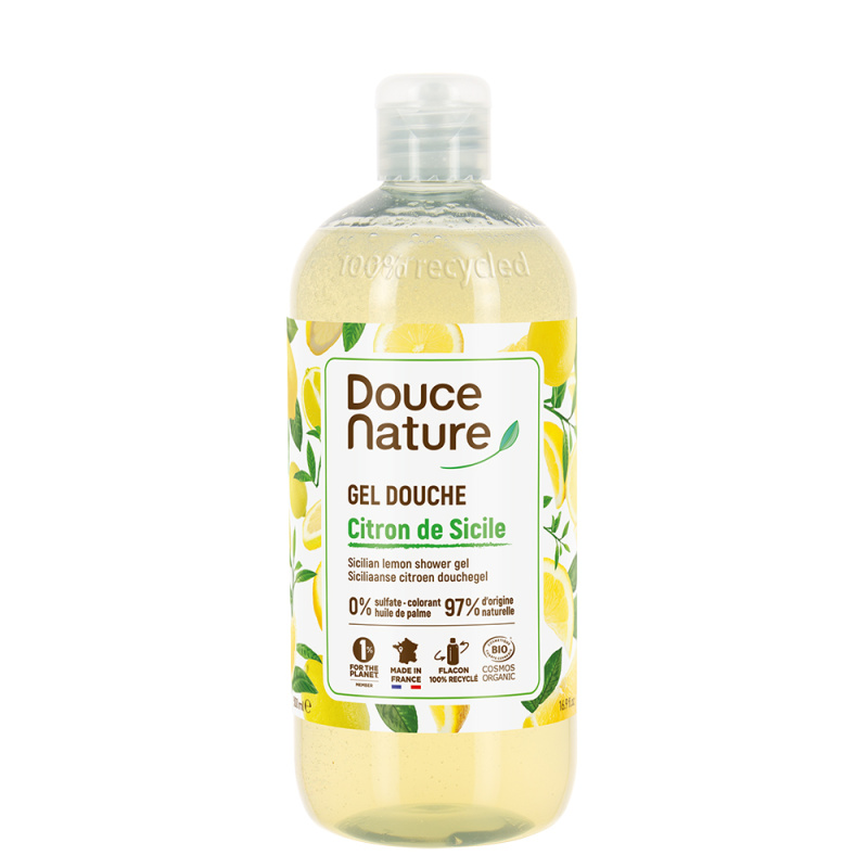 Gel de dus natural cu lămâie de Sicilia, apa florala de verbina si aloe vera. Gel dus fara sulfati, fara ulei de palmier, certificat bio.